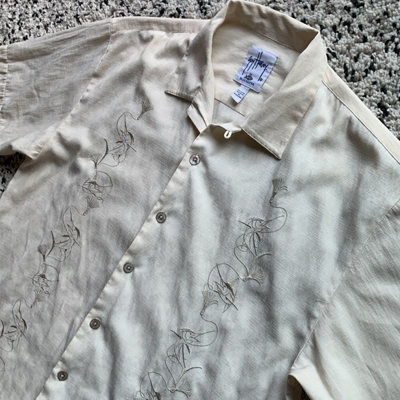 AFTCO Bluewater x Guy Harvey Marlin Embroidered Button Down Shirt Cream Size XL - Picture 8 of 13